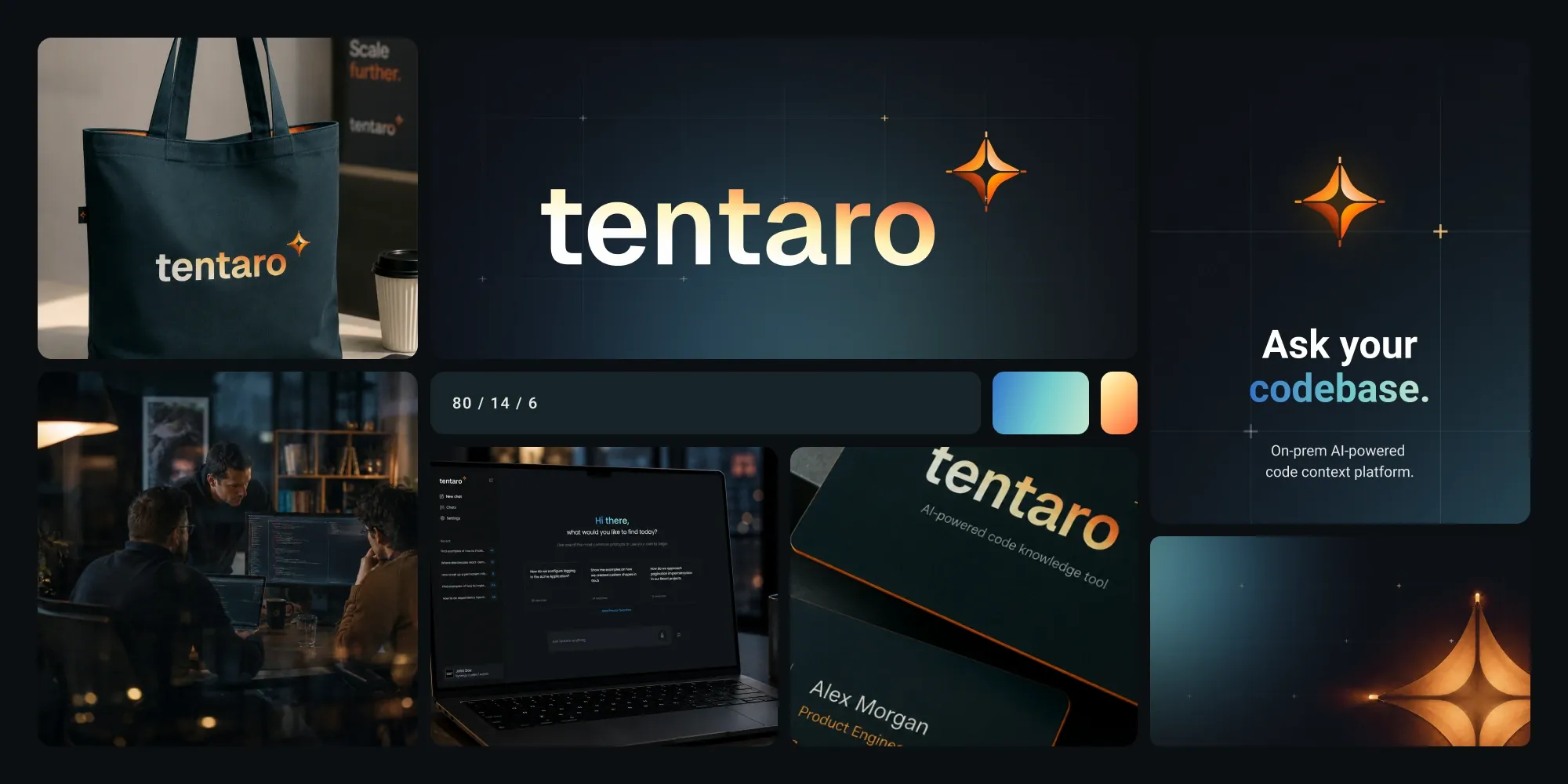 Tentaro brand collage: the wordmark on a deep teal ground, the colour proportion bar, a branded tote, the product on a laptop at night and the team working after dark