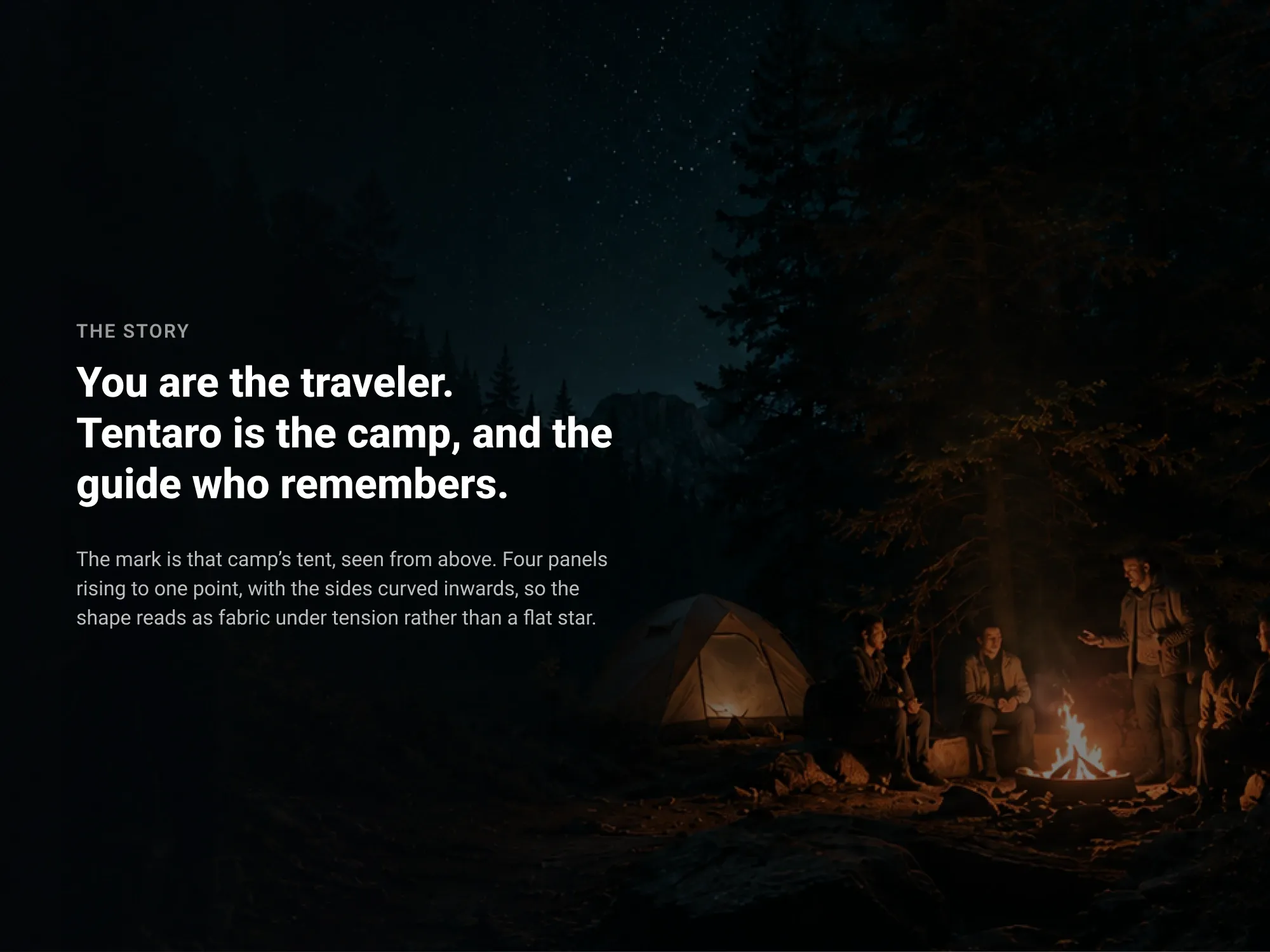 A lit camp and a tent in a dark forest at night, beside the line that Tentaro is the camp and the guide who remembers