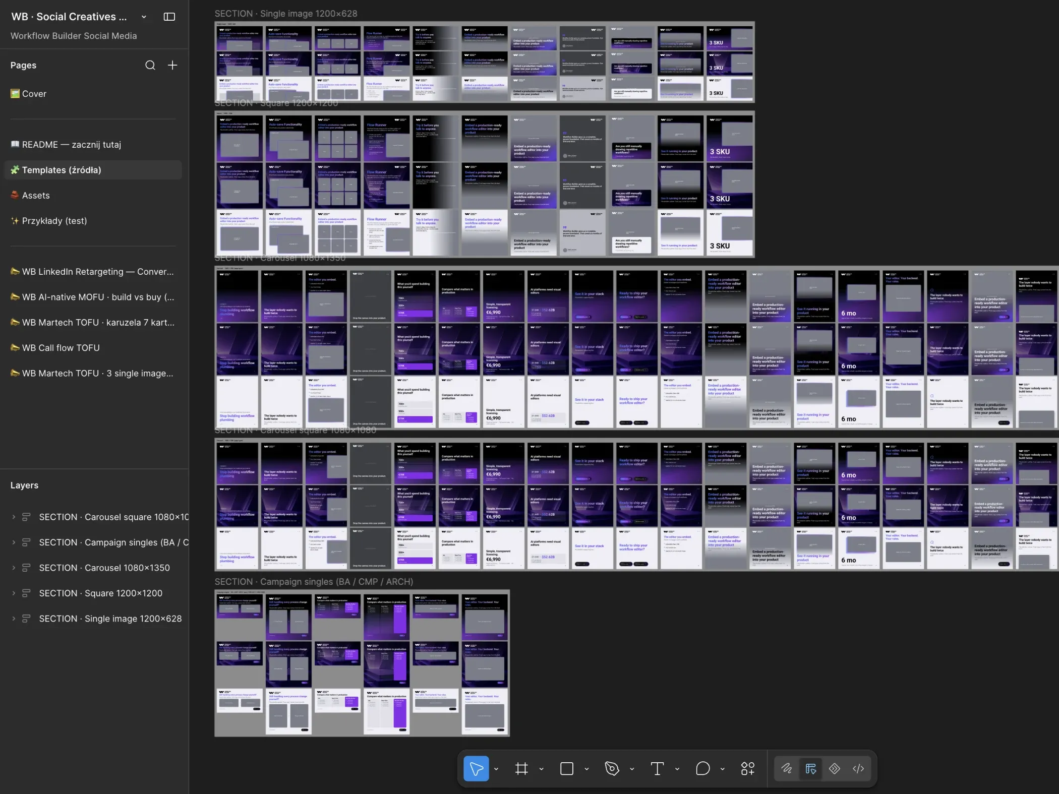 The Workflow Builder social templates file in Figma, ready for Claude to fill from a brief