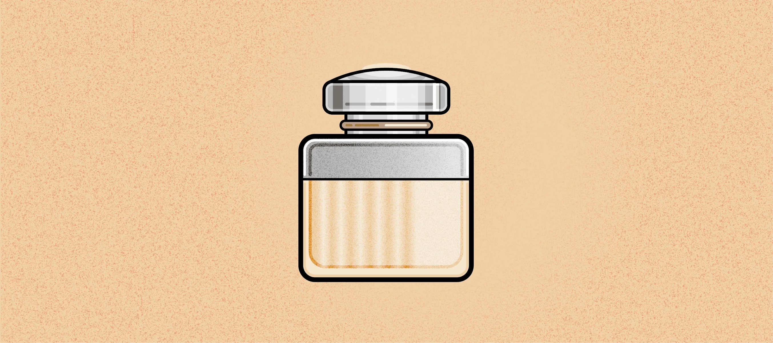 A Chloé style bottle with a silver cap and soft peach liquid, drawn with black outlines on a peach background