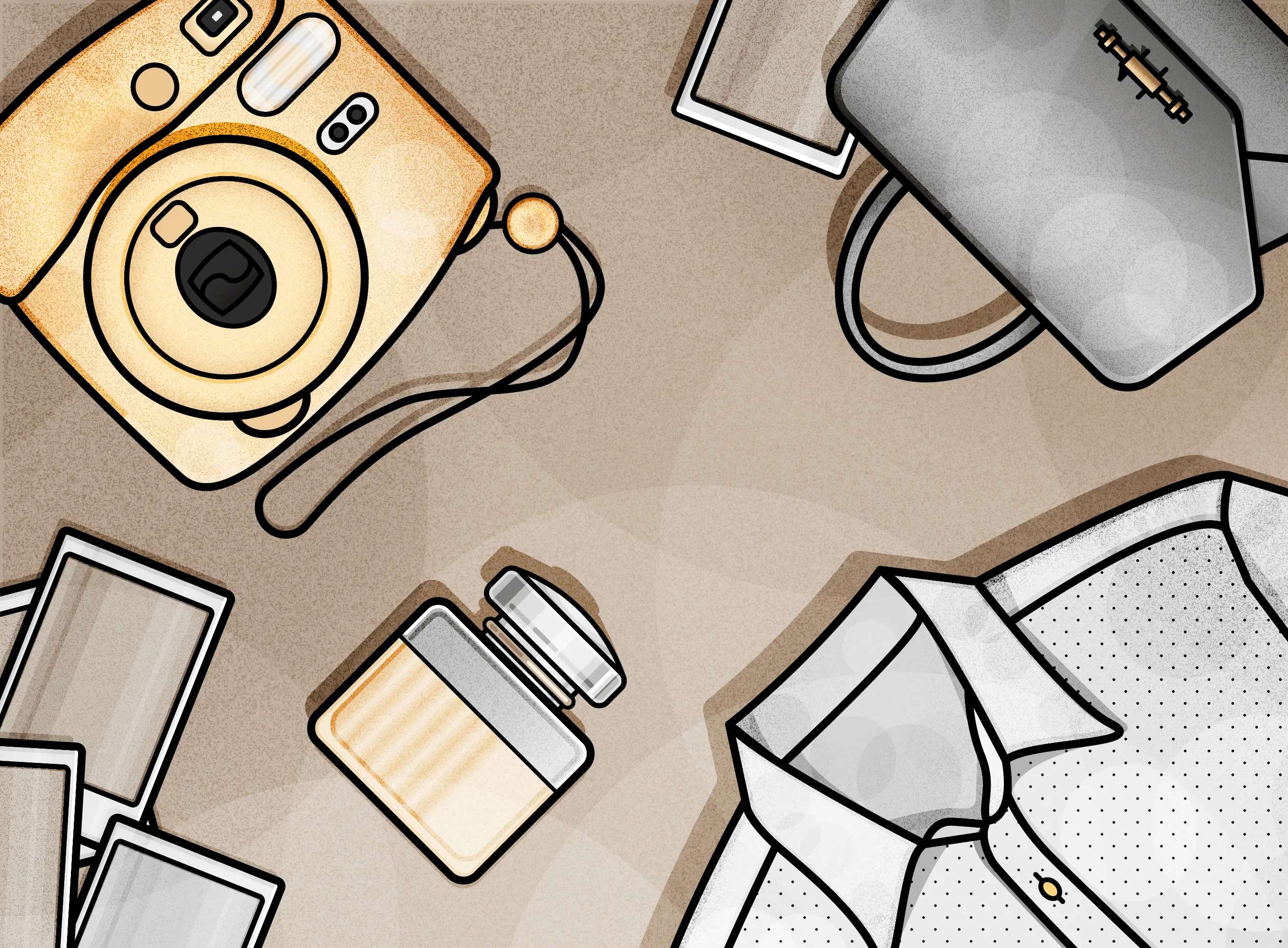 Flat lay on warm grey: the peach bottle with a beige instant camera, a few instant photos, a grey handbag and a white dotted shirt
