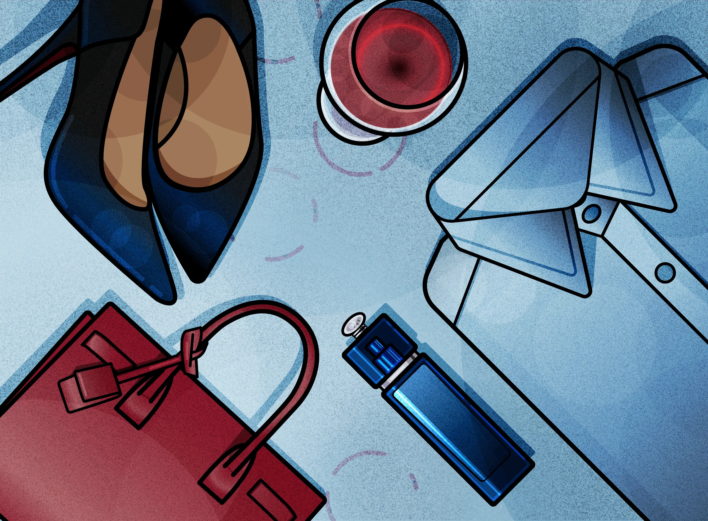 Flat lay on pale blue: the blue bottle with navy high heels, a glass of red wine, a red handbag and the collar of a white shirt