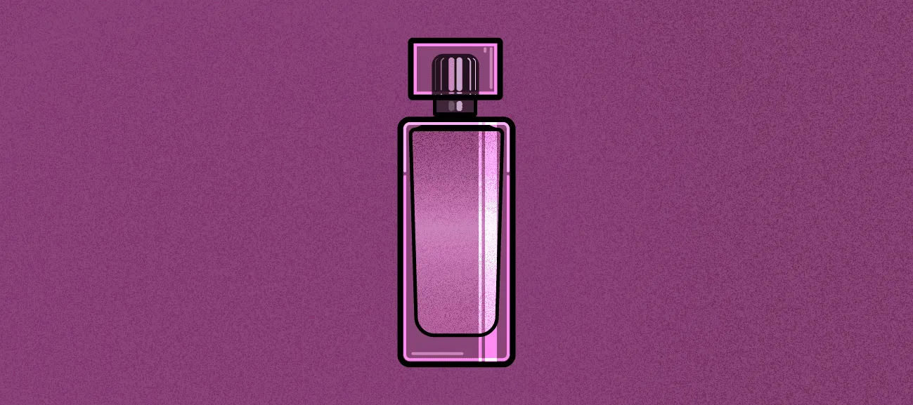 A rectangular Lalique Amethyst style bottle in bright violet with a dark ribbed cap, on a plum background