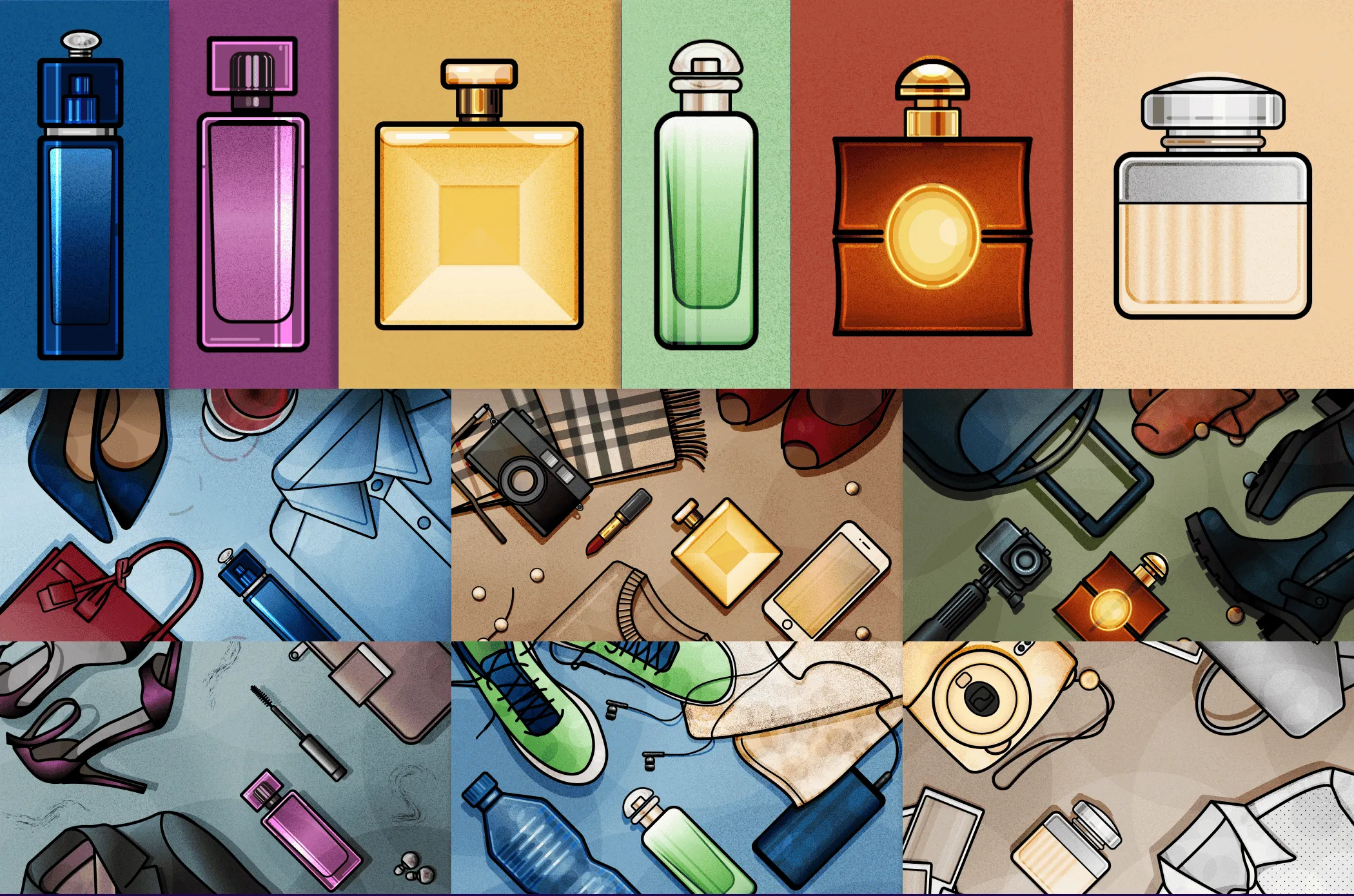 Overview of the series: six perfume bottles on colored backgrounds in a top row, and below them six flat lay scenes, each built around one of the bottles