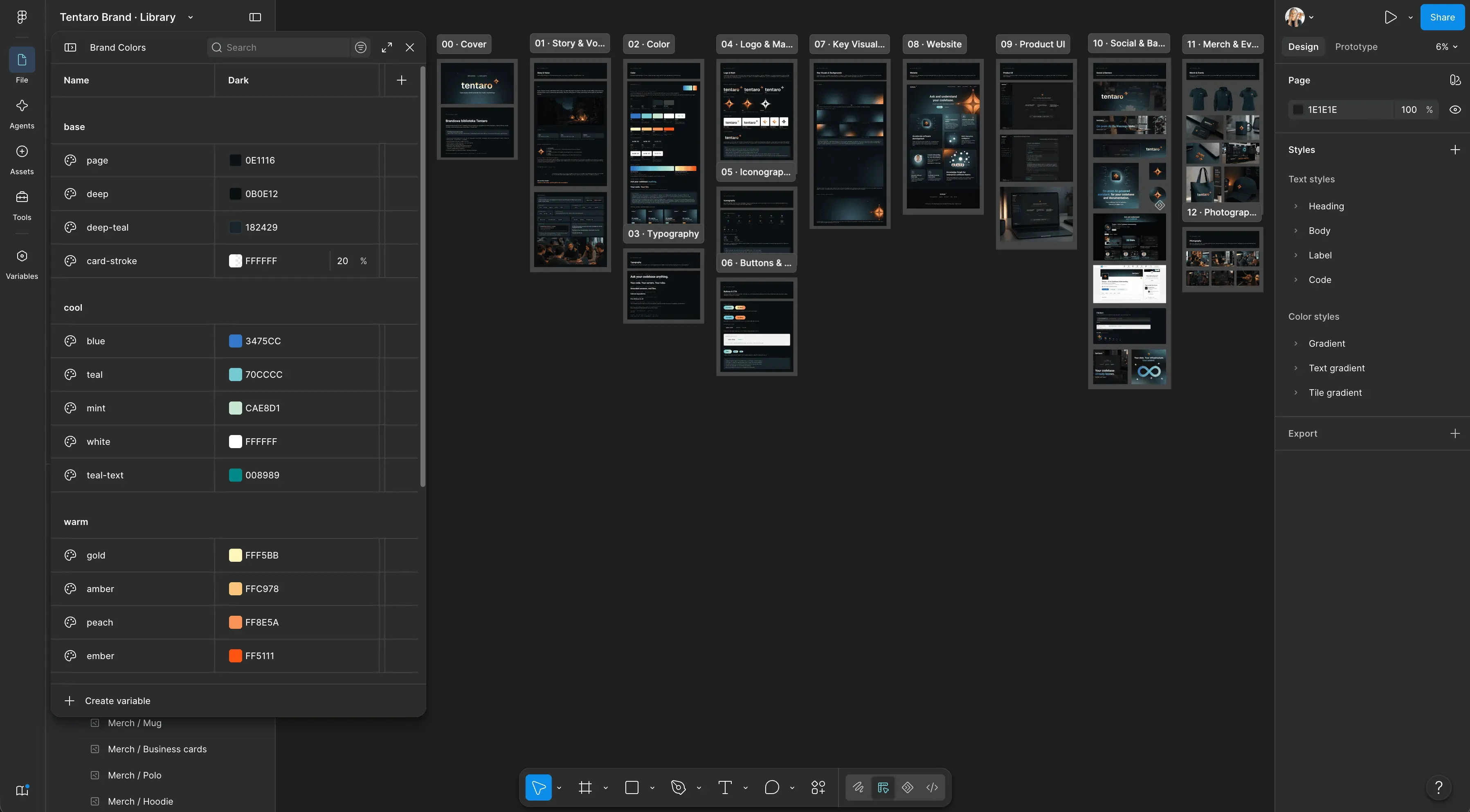 The Tentaro Figma library open on the canvas, with the colour variables panel showing the base, cool and warm tokens
