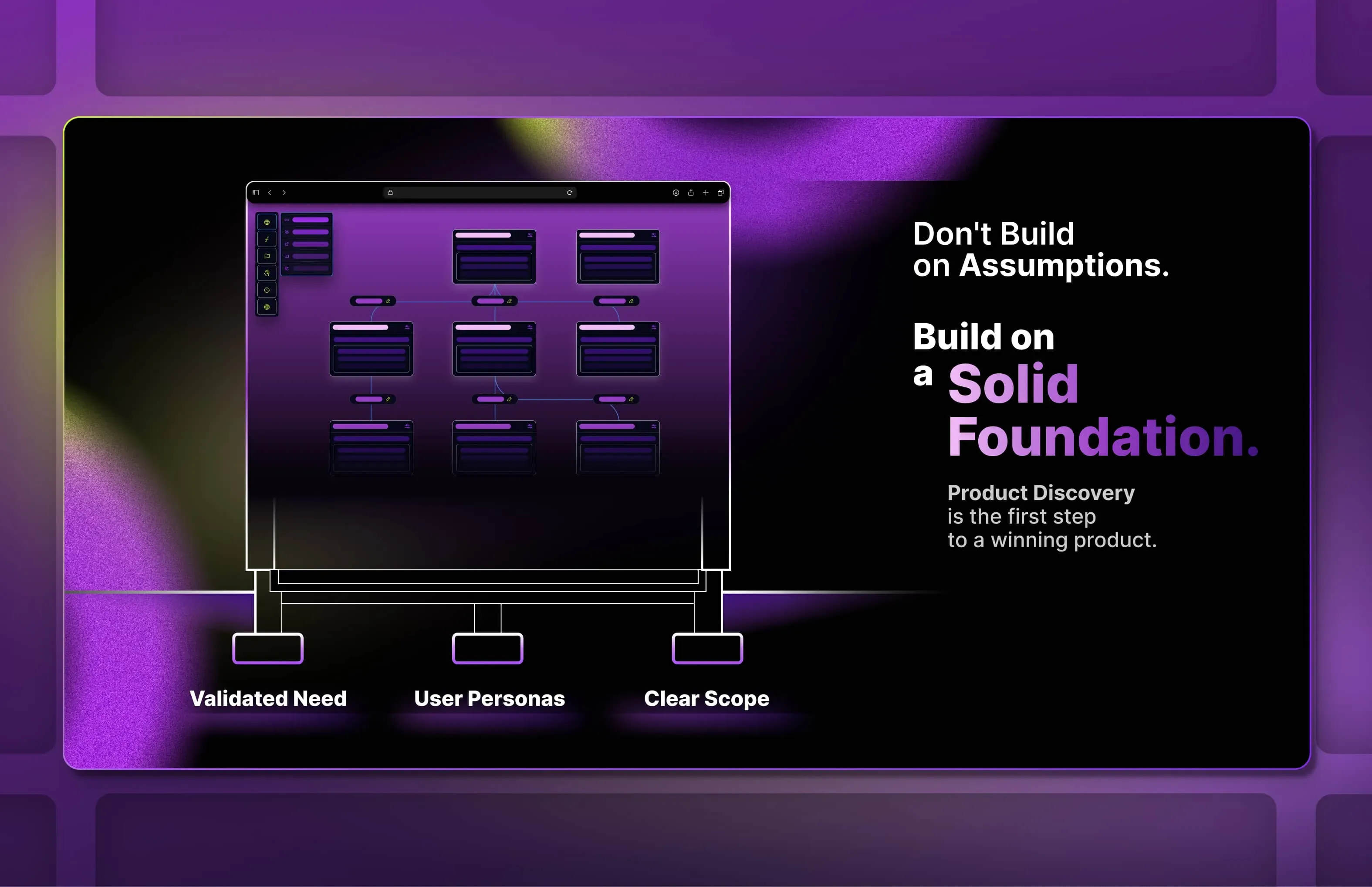 A dark ad with a glowing app interface standing on three legs labelled Validated Need, User Personas and Clear Scope, next to "Don't build on assumptions. Build on a solid foundation."