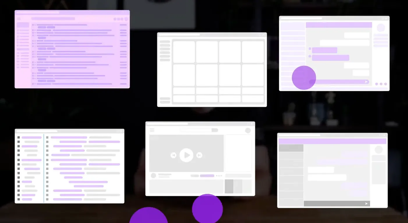 Motion graphics frame with six simple light app window wireframes floating over a dark, dimmed shot, with purple circles moving between them