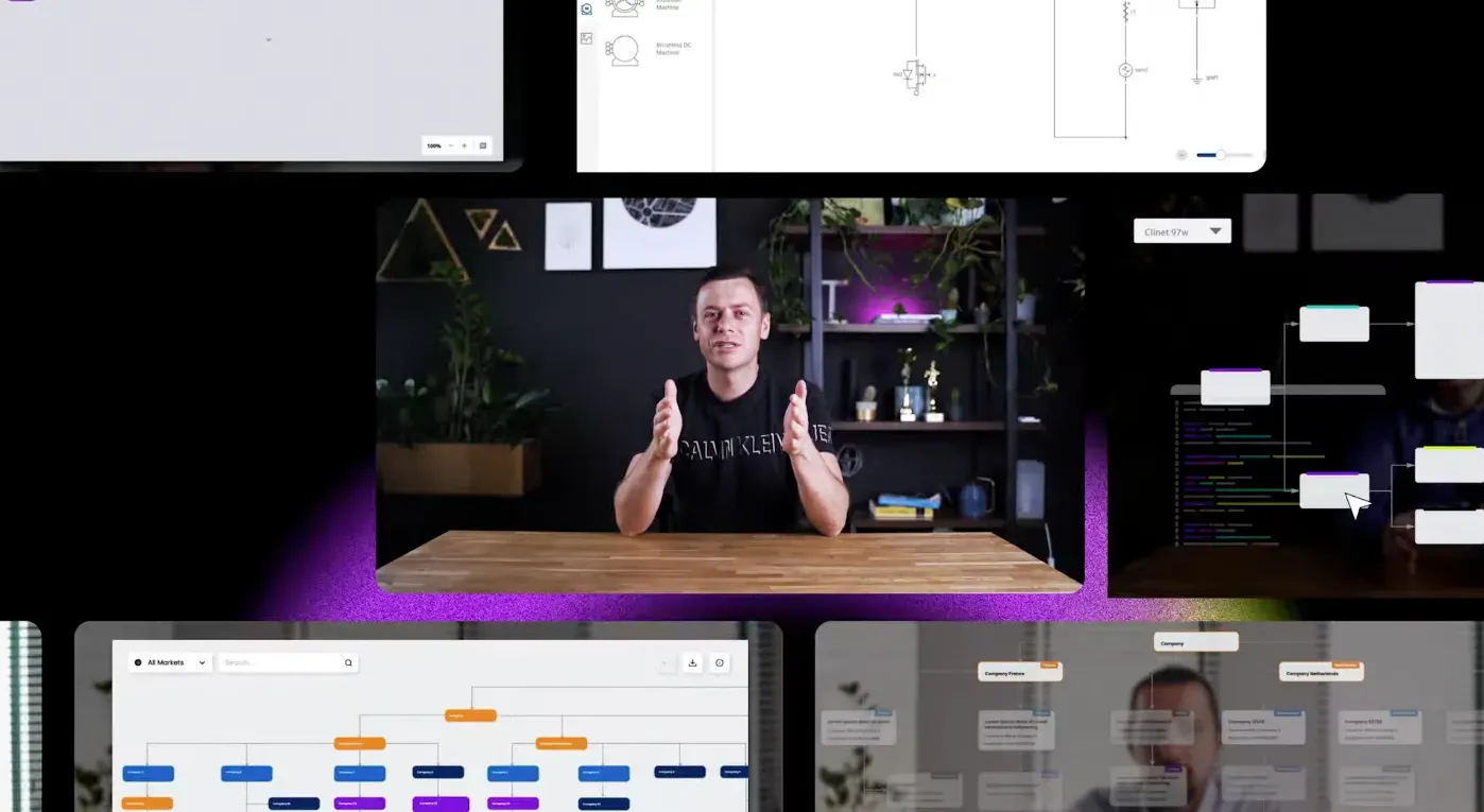 Video frame with the presenter at a wooden desk in the center, framed by floating diagram screens: an org chart, a circuit diagram and a flow editor
