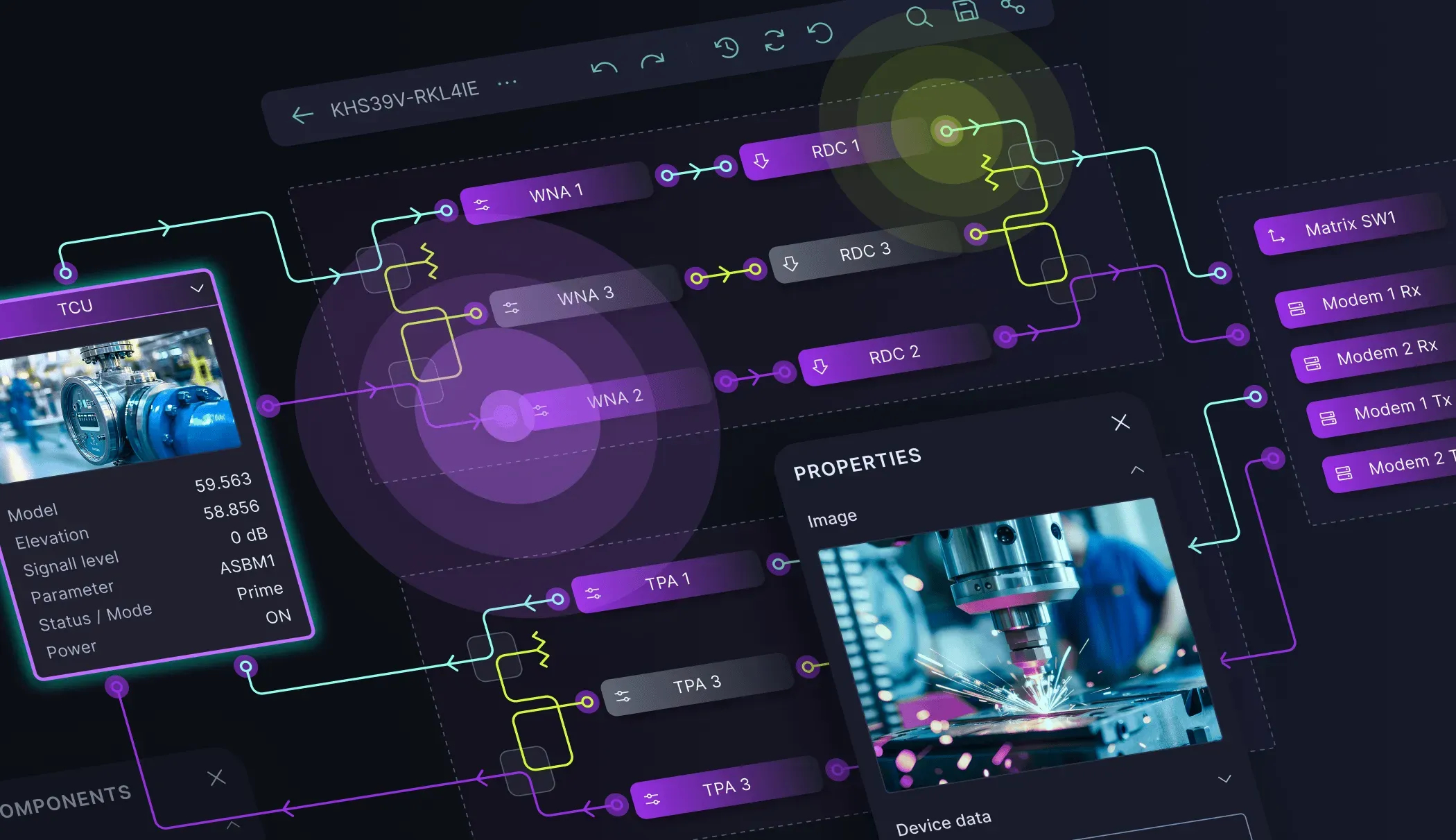 Hero illustration in a dark tilted interface: purple device nodes like WNA, RDC and TPA joined by cyan and yellow lines, glowing pulses, a TCU card and a properties panel