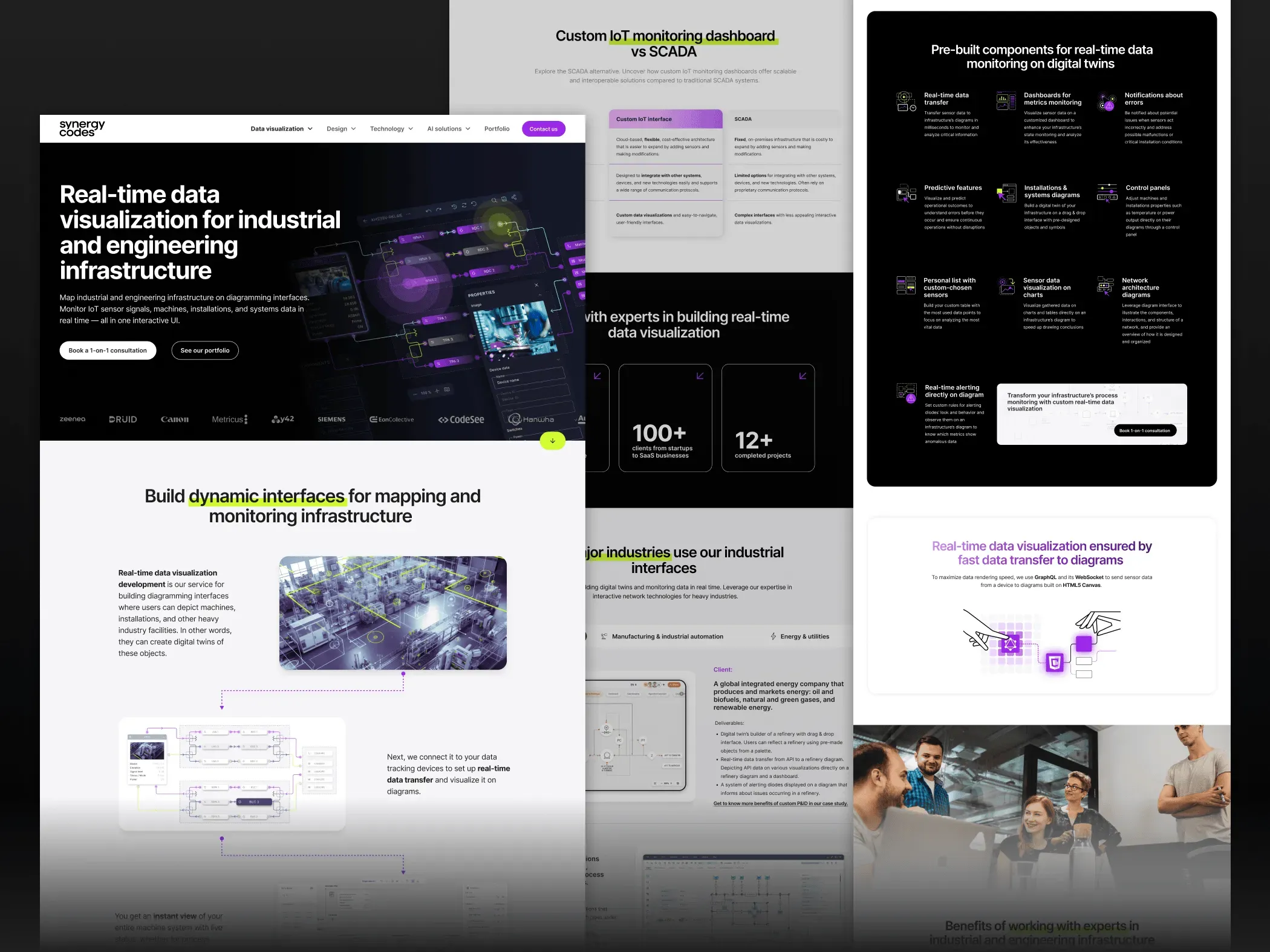 Landing page overview: a dark hero reading "Real-time data visualization for industrial and engineering infrastructure", then IoT versus SCADA comparison, stats, a feature icon grid and case study