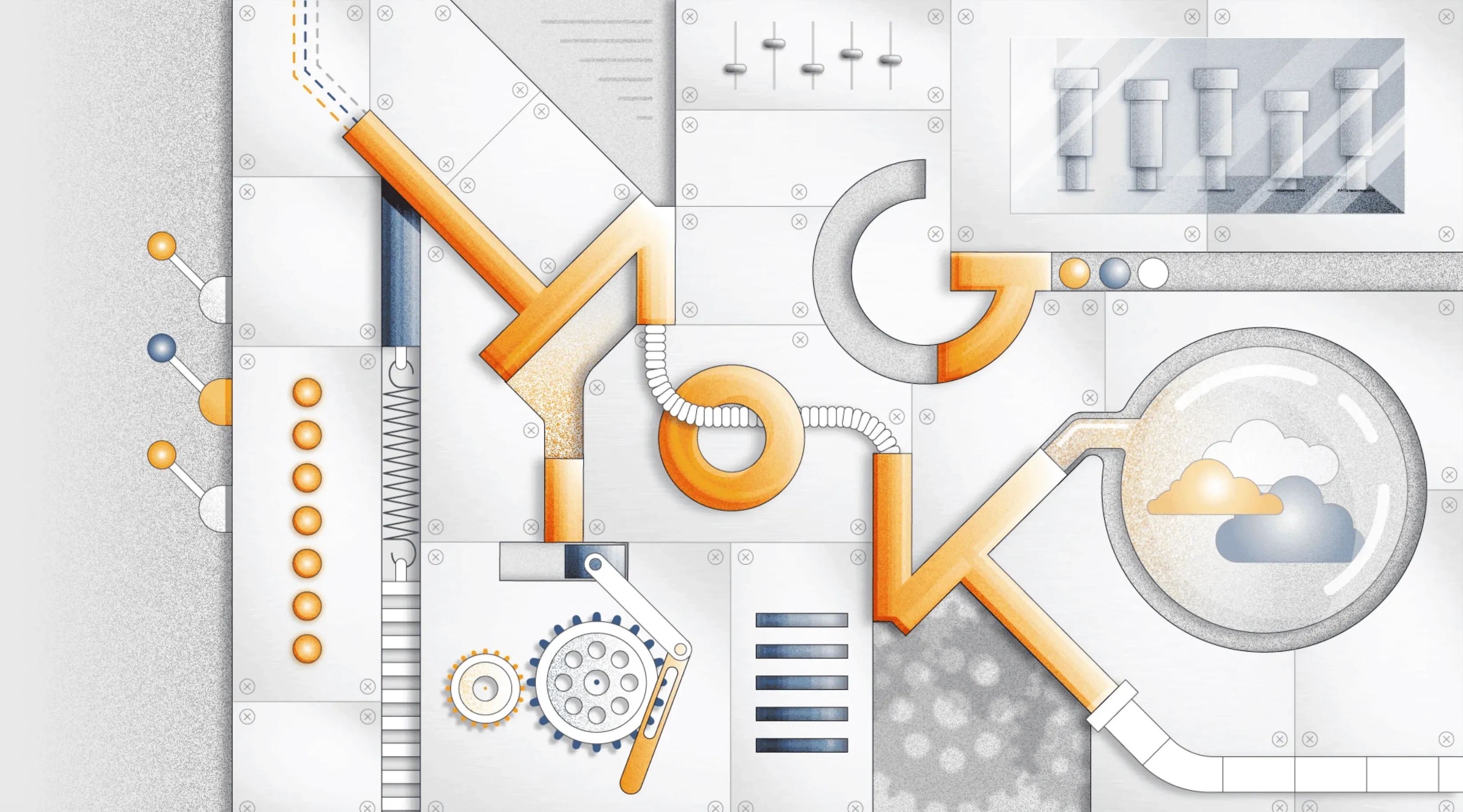 Final frame of the animation: the letters of MOGIK built from glowing orange pipes on grey metal plates, among gears, springs, sliders and a glass sphere with clouds