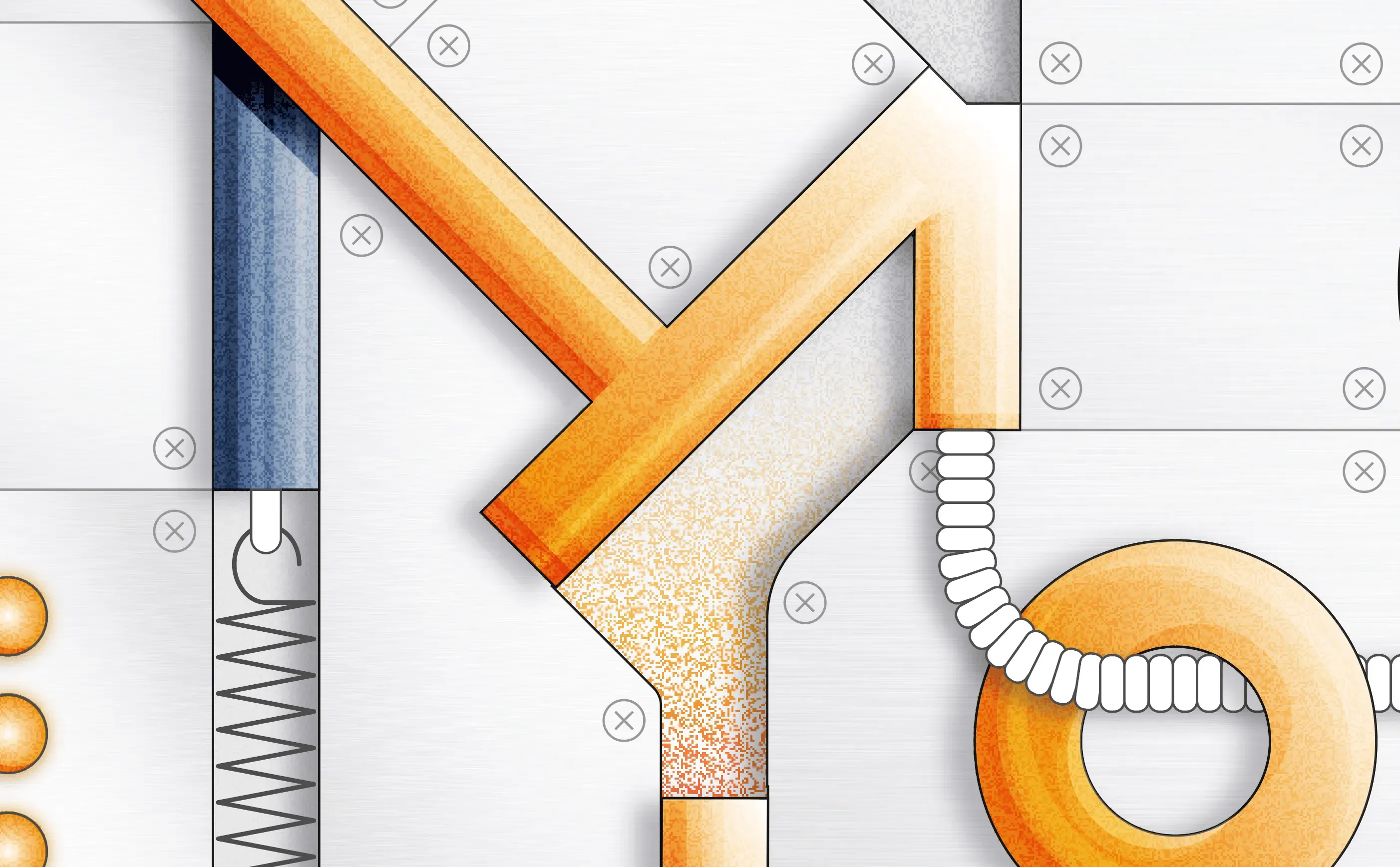 Detail of the orange pipe letters on brushed metal, showing grain texture, soft gradients, a coiled spring, a blue tube and a ribbed white cable
