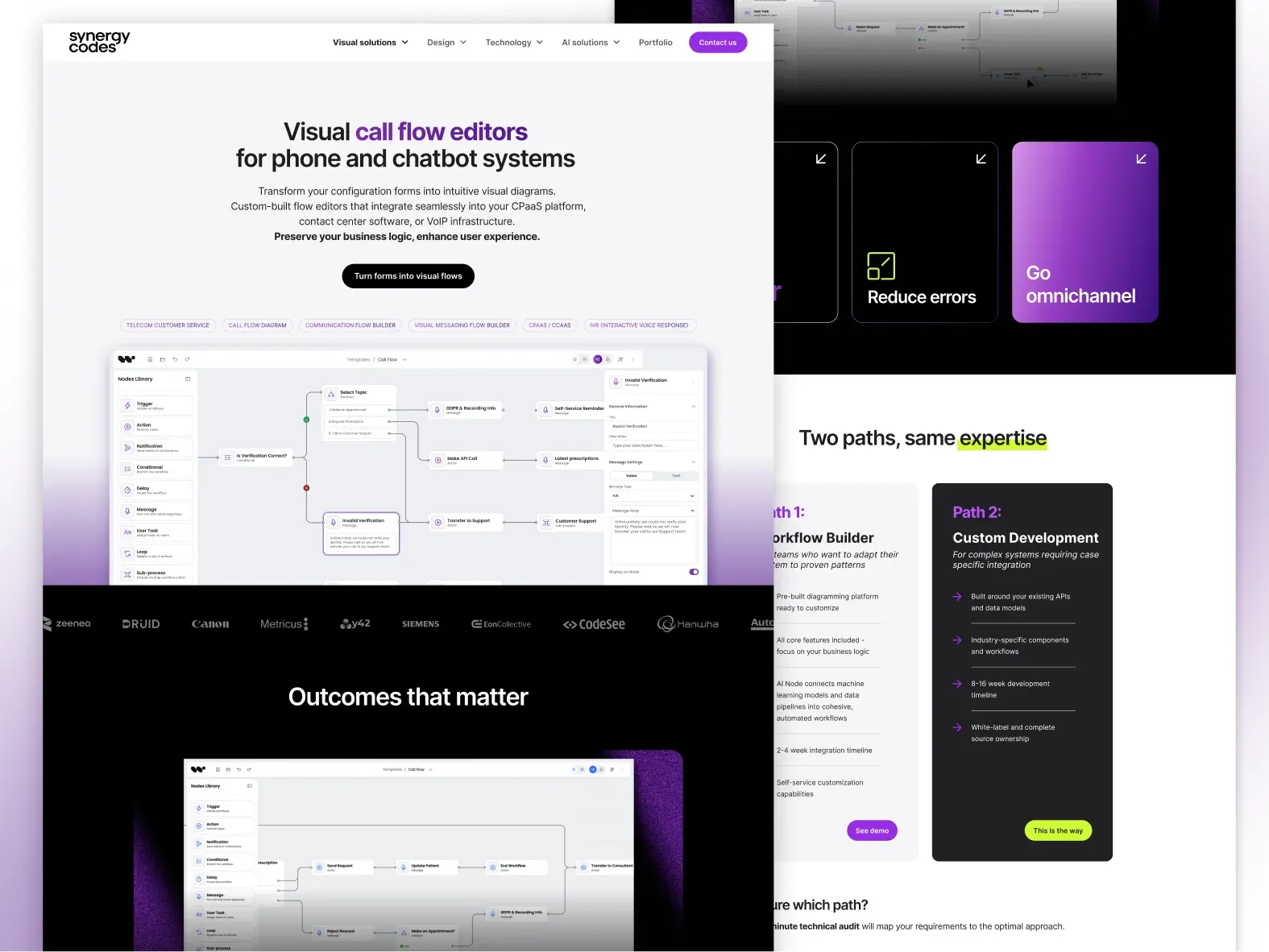 Hero "Visual call flow editors for phone and chatbot systems" with a light flow editor mockup, a dark logo strip and "Outcomes that matter", next to "Two paths, same expertise" cards