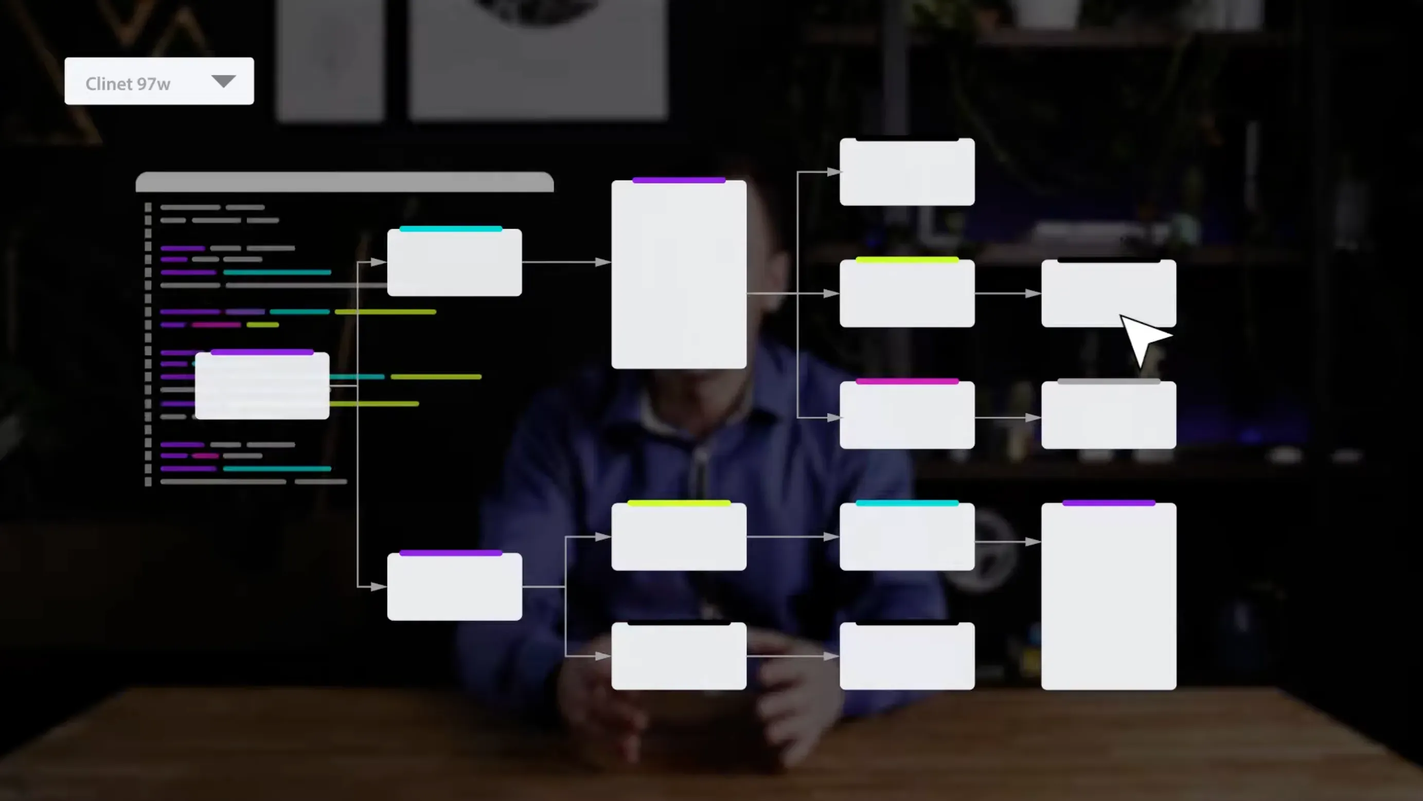 Animated flow diagram of white boxes with colored top bars and arrows, a code panel and a cursor, laid over a darkened shot of the presenter