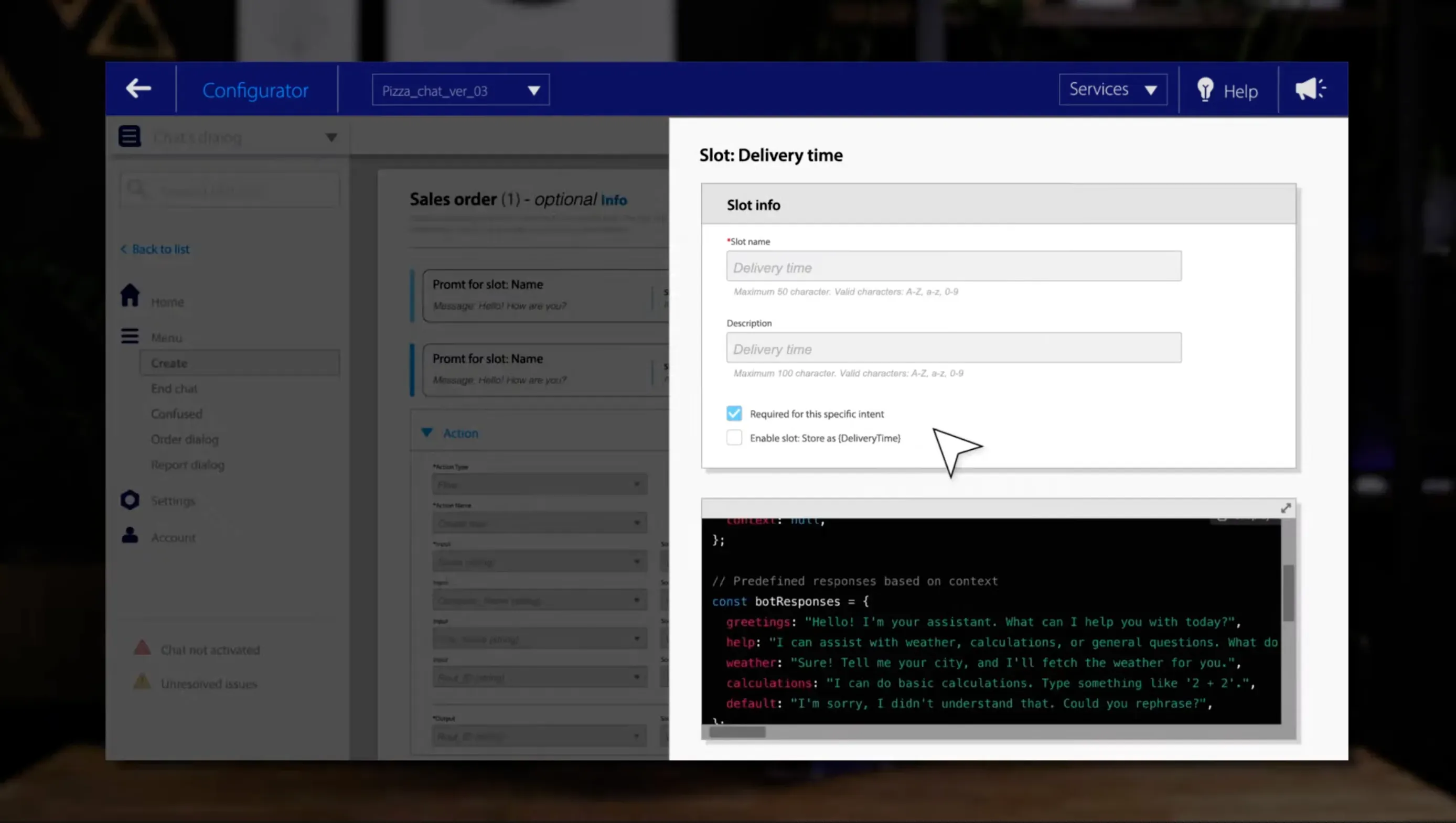 Animated chatbot configurator screen with a sidebar menu, a "Slot: Delivery time" form with checkboxes and a code panel of predefined bot responses