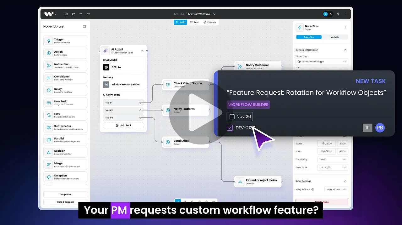 The same ad frame with a video play button on top: a workflow editor, a dark "New task" card for a feature request and the caption "Your PM requests custom workflow feature?"