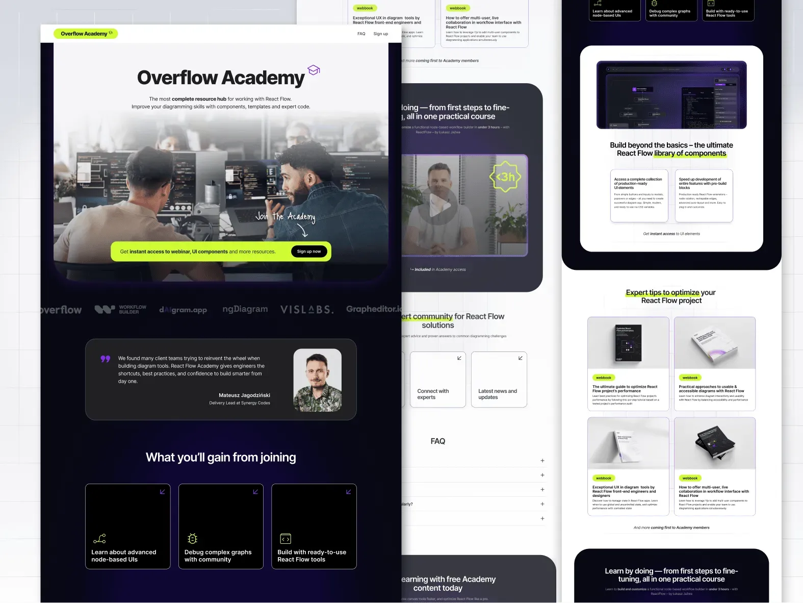 Overflow Academy marketing page with a team photo hero and lime sign-up bar, partner logos, a quote card and benefit tiles, next to sections with a course video, webbooks and FAQ