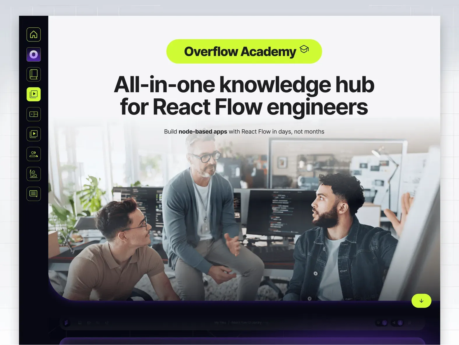 Close-up of the academy hero: a lime "Overflow Academy" pill, the headline "All-in-one knowledge hub for React Flow engineers" and three developers talking at their desks, with a dark icon sidebar