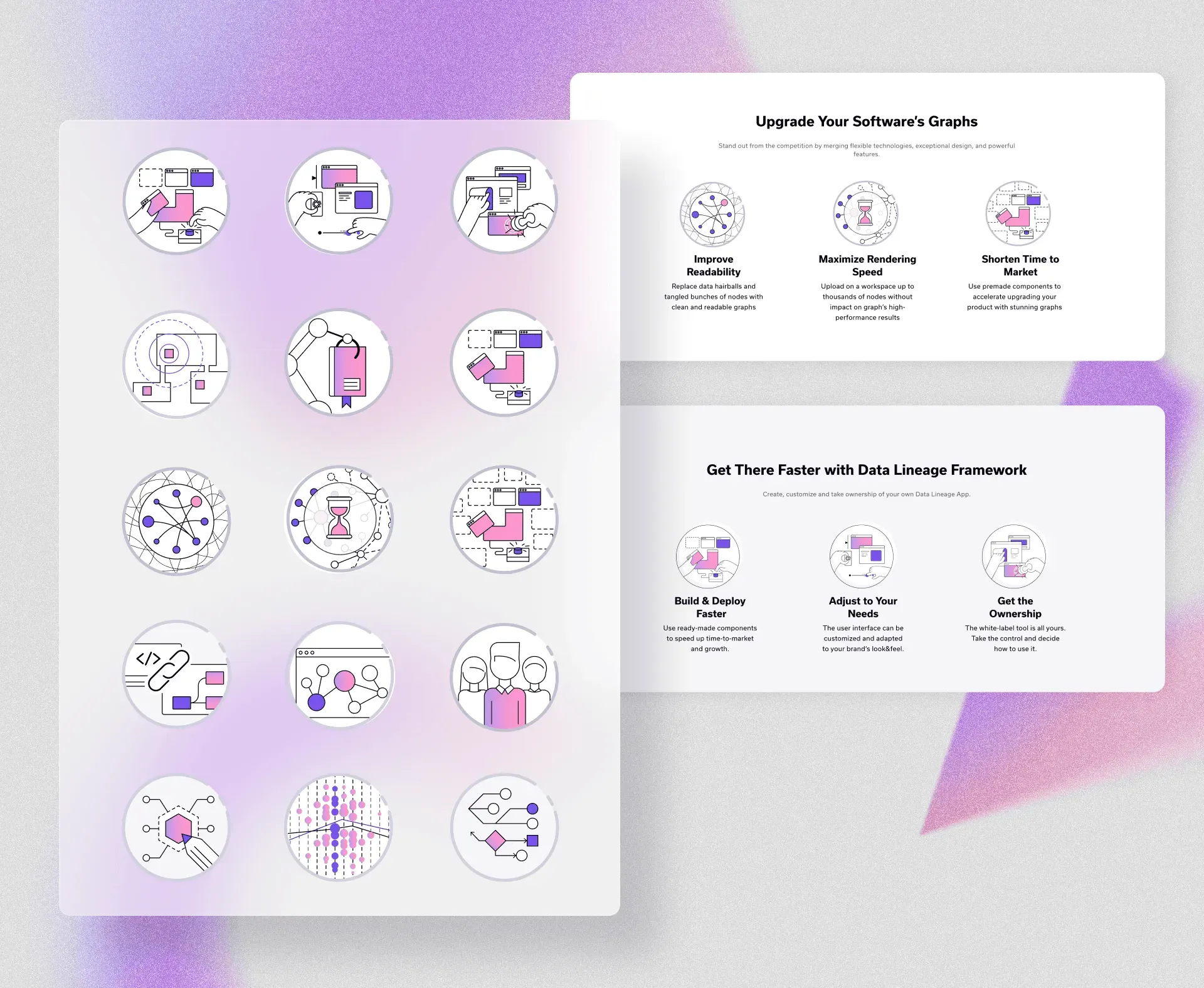 A board of fifteen circular spot illustrations in black line with pink and purple fills, beside two feature sections, "Upgrade Your Software's Graphs" and "Get There Faster with Data Lineage Framework"