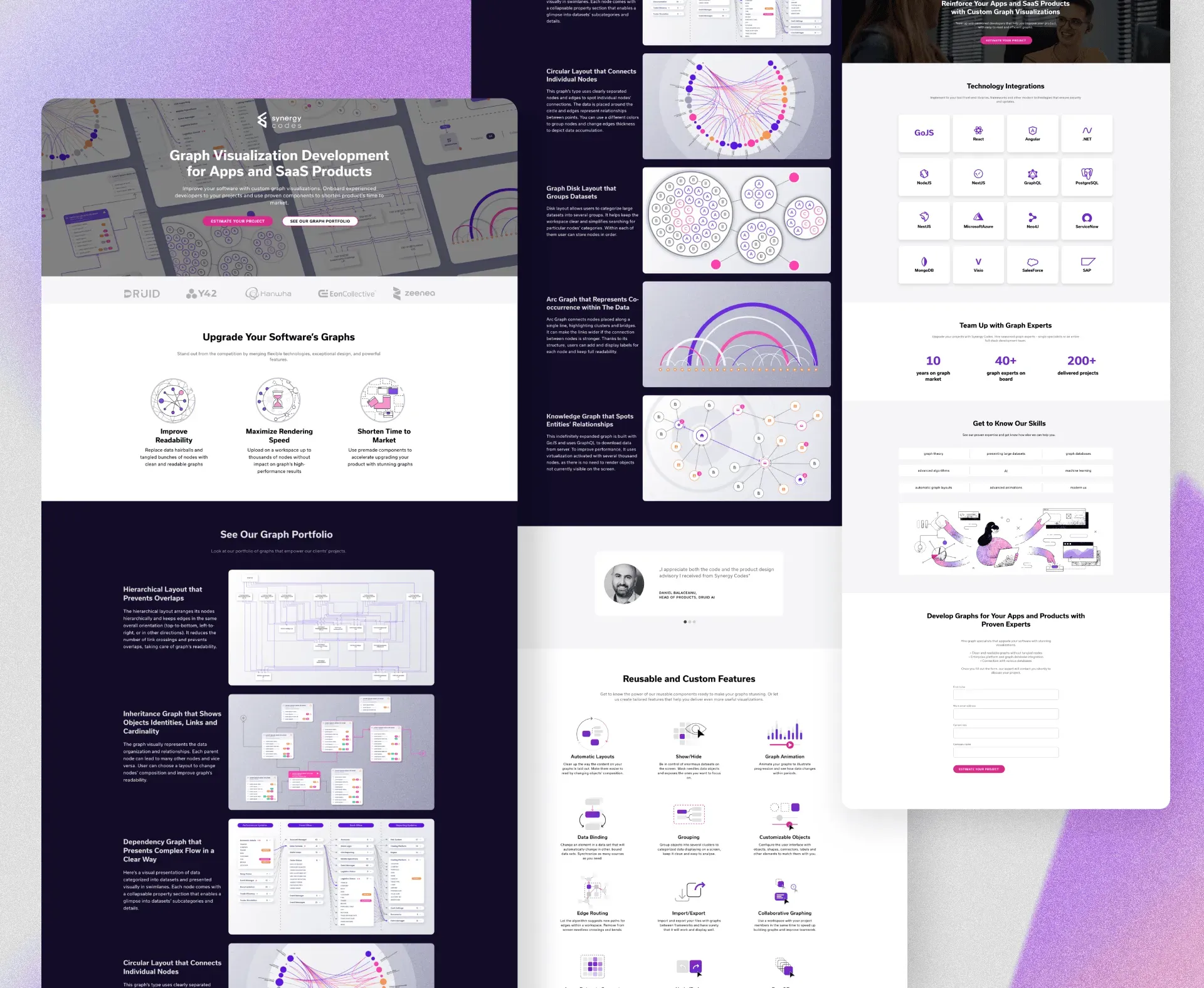 Graph visualization landing page shown in three columns, with the spot illustrations used in feature rows, a graph portfolio on dark purple, integrations and a contact form