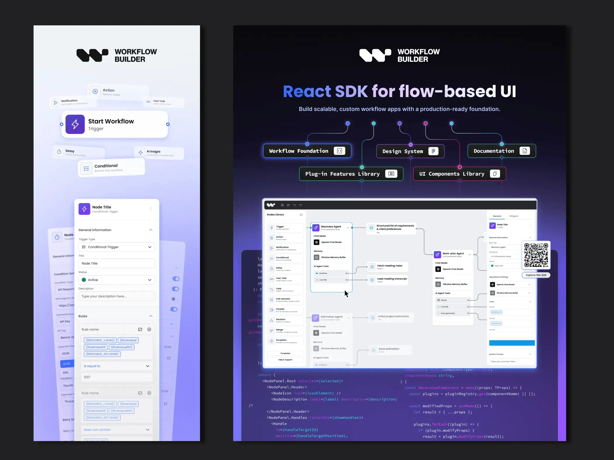 Both panel designs side by side: a tall light panel with workflow nodes and a settings form, and a dark panel with "React SDK for flow-based UI", the editor UI and code
