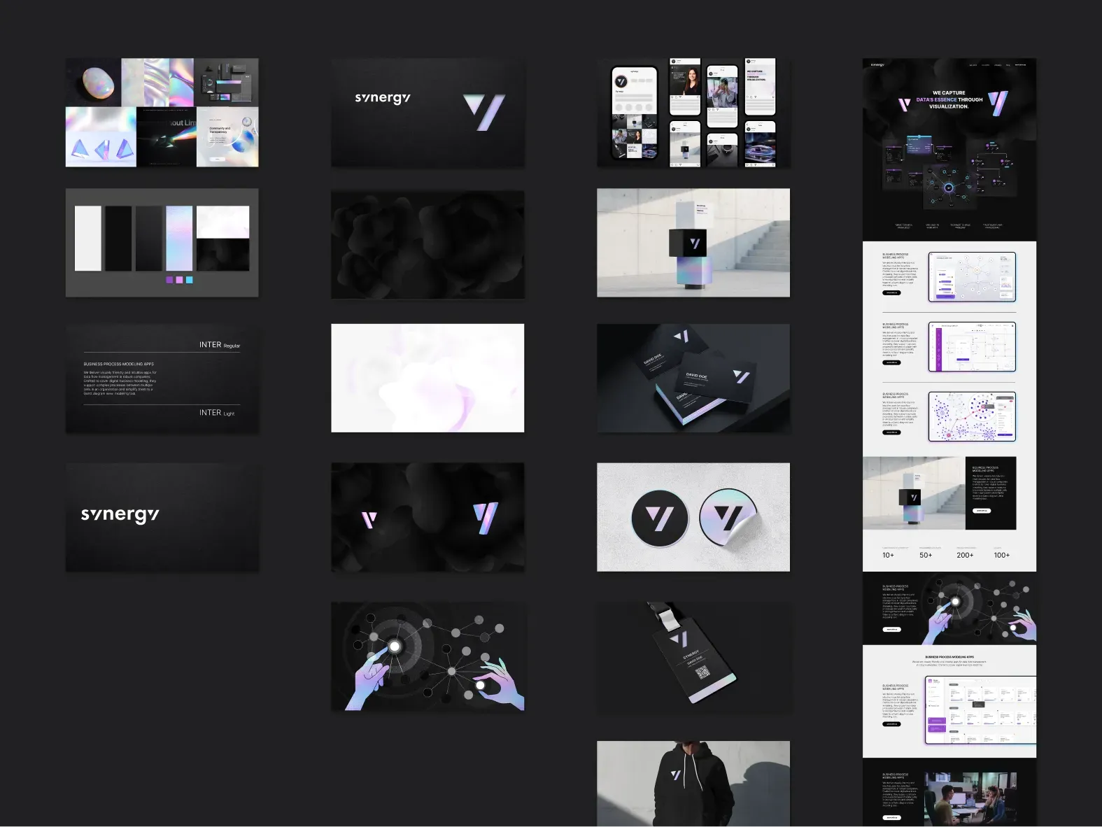 An overview of the whole concept on dark grey: moodboard, swatches, typography, the synergy logo, illustration, stationery, merch, social posts and a long website page in black and opal tones
