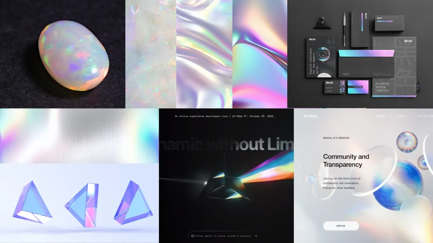 A moodboard of opal and prism references: a polished opal stone, holographic textures, glass prisms, a light beam through a prism, black stationery and a pale web page