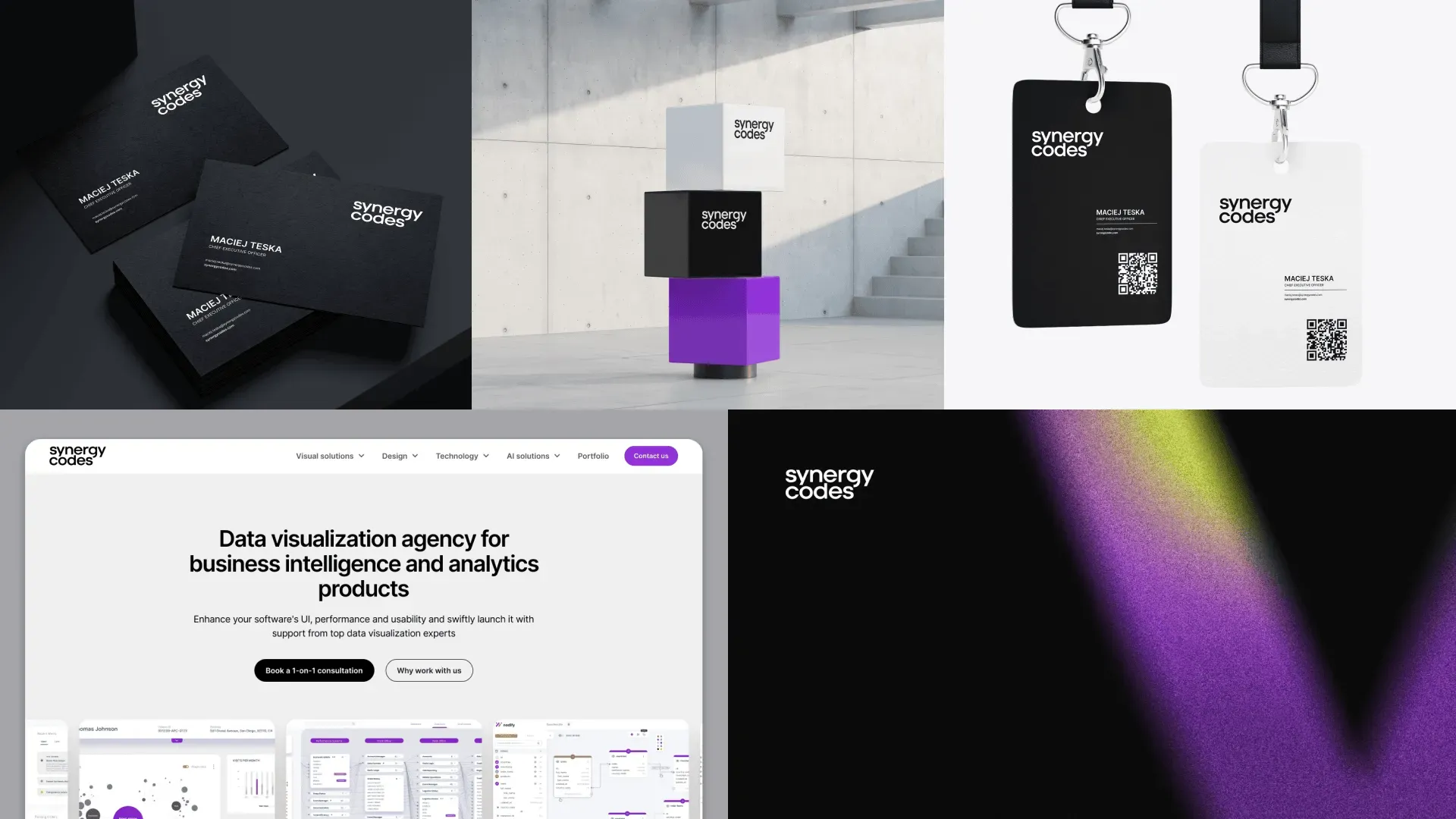 Brand applications in black, white and violet: business cards, stacked logo cubes, two ID badges, the new website hero and a dark key visual with a violet and lime light trail