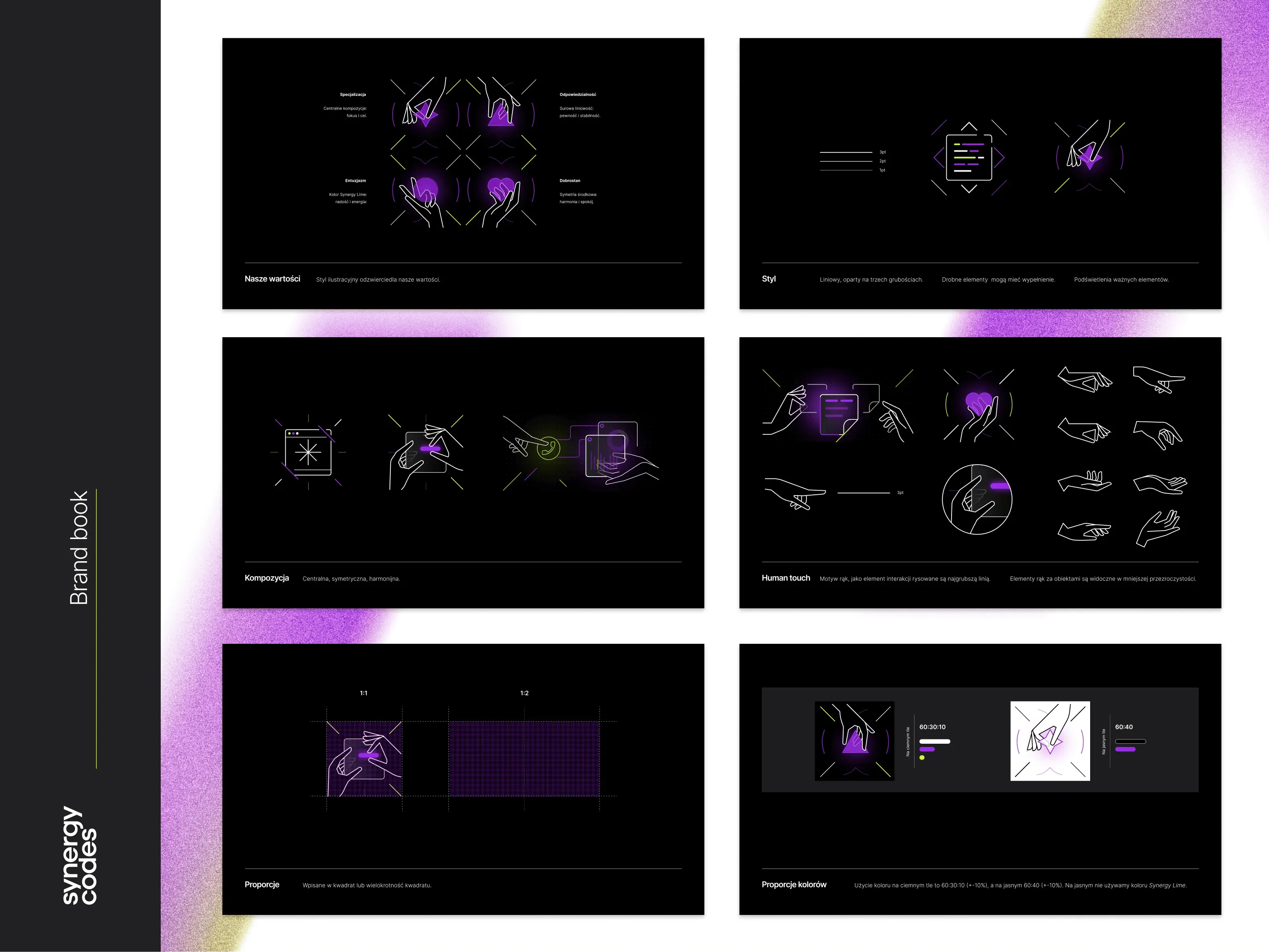 Six dark brand book pages on illustration rules: values, line style, composition, the human touch hand motif, square proportions and color ratios