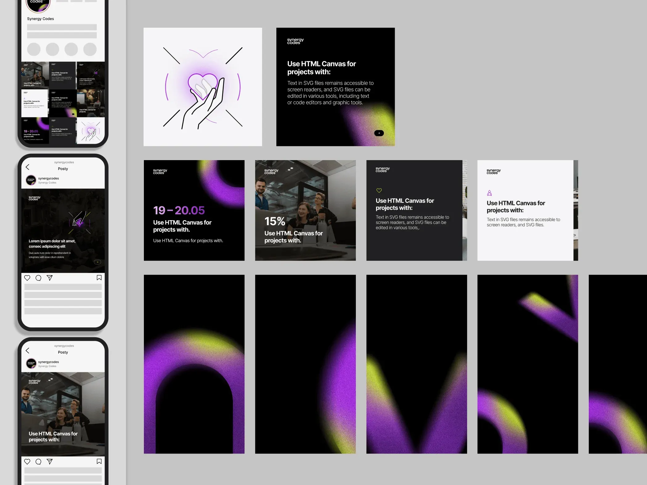 Social media templates: Instagram profile and post mockups on phones, square posts with headlines, photos and a hand illustration, and dark stories with violet and lime shapes
