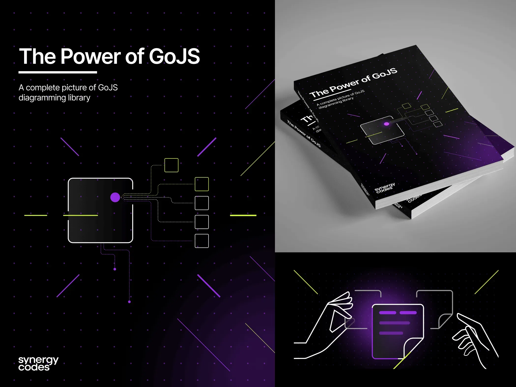 Ebook design for "The Power of GoJS": a dark cover with a glowing node diagram, a mockup of two printed copies, and a line illustration of two hands holding a document