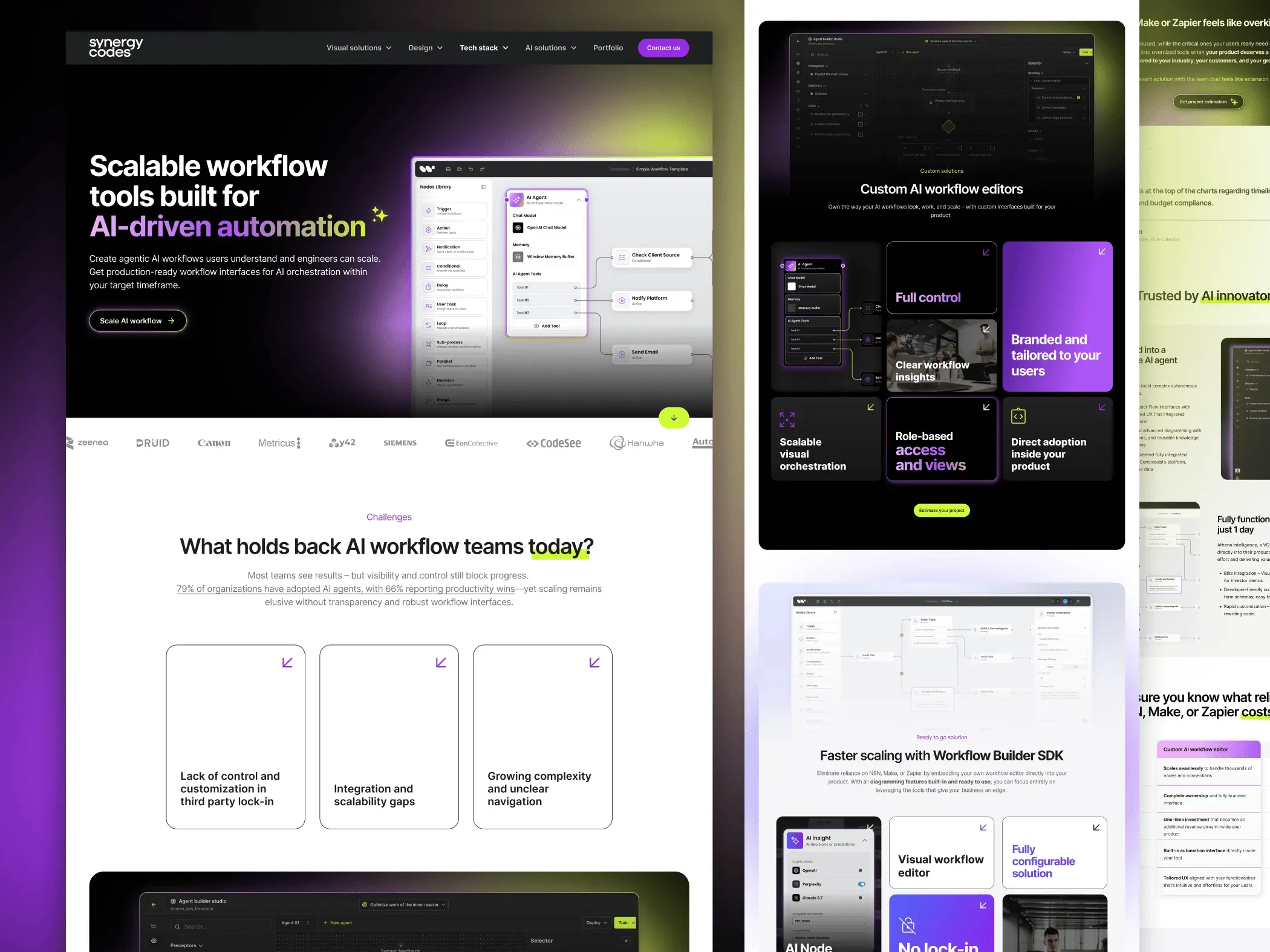 Landing page overview: a dark hero reading "Scalable workflow tools built for AI-driven automation" beside a workflow editor mockup, then a challenges section and purple feature card grids
