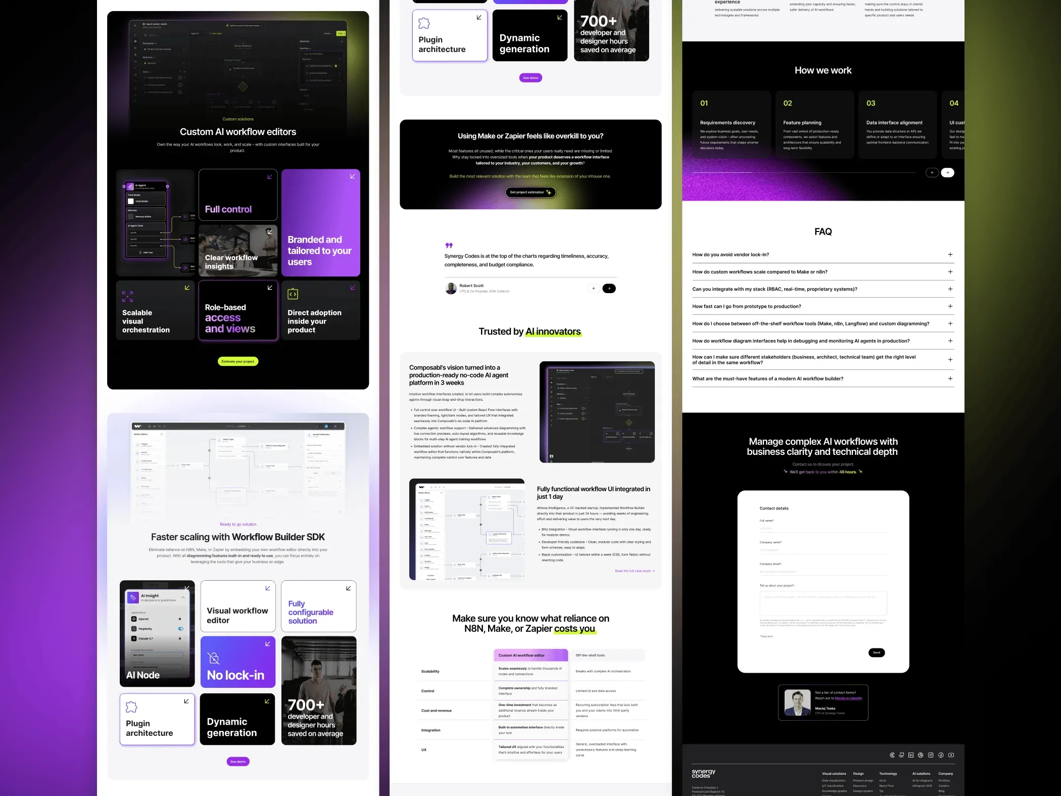 Three long page sections side by side: feature card grids on dark and light, client case studies, a comparison table with off-the-shelf tools, FAQ and a contact form