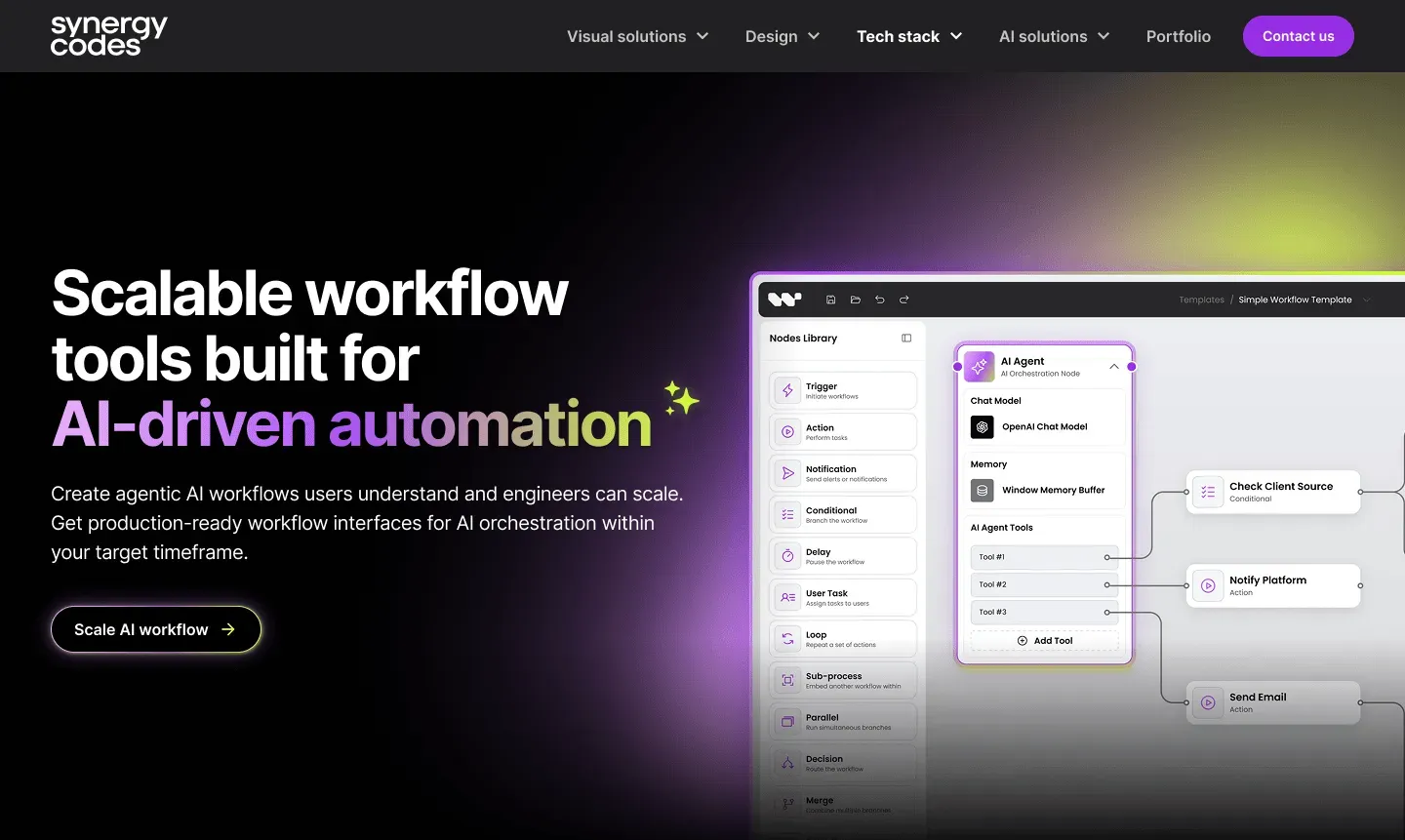 Close-up of the hero: "Scalable workflow tools built for AI-driven automation" in white and purple gradient type next to a workflow editor with an AI Agent node and connected actions