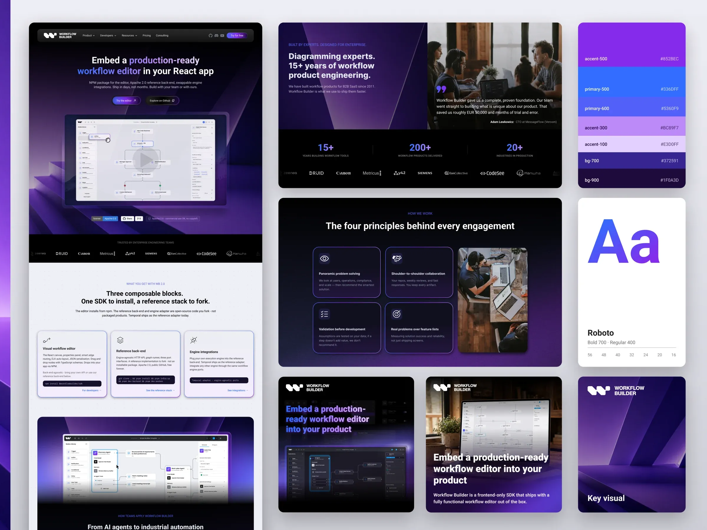 Workflow Builder website, key visuals, color system and typography