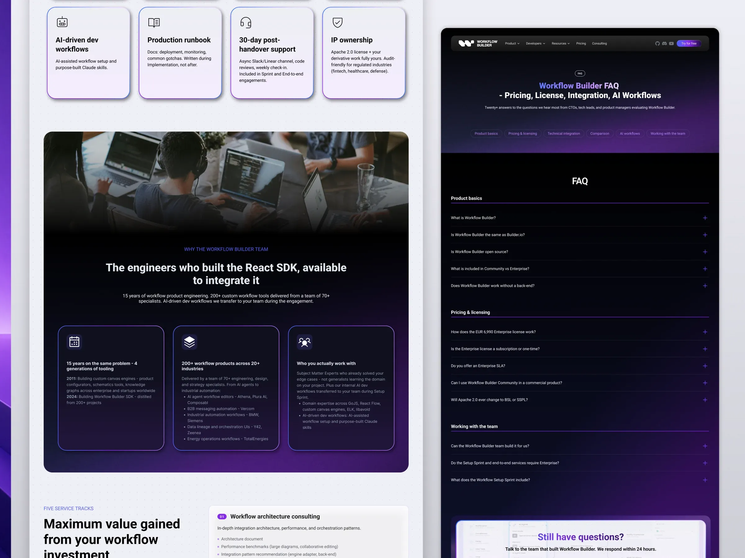 Workflow Builder website sections: feature cards, team story and FAQ