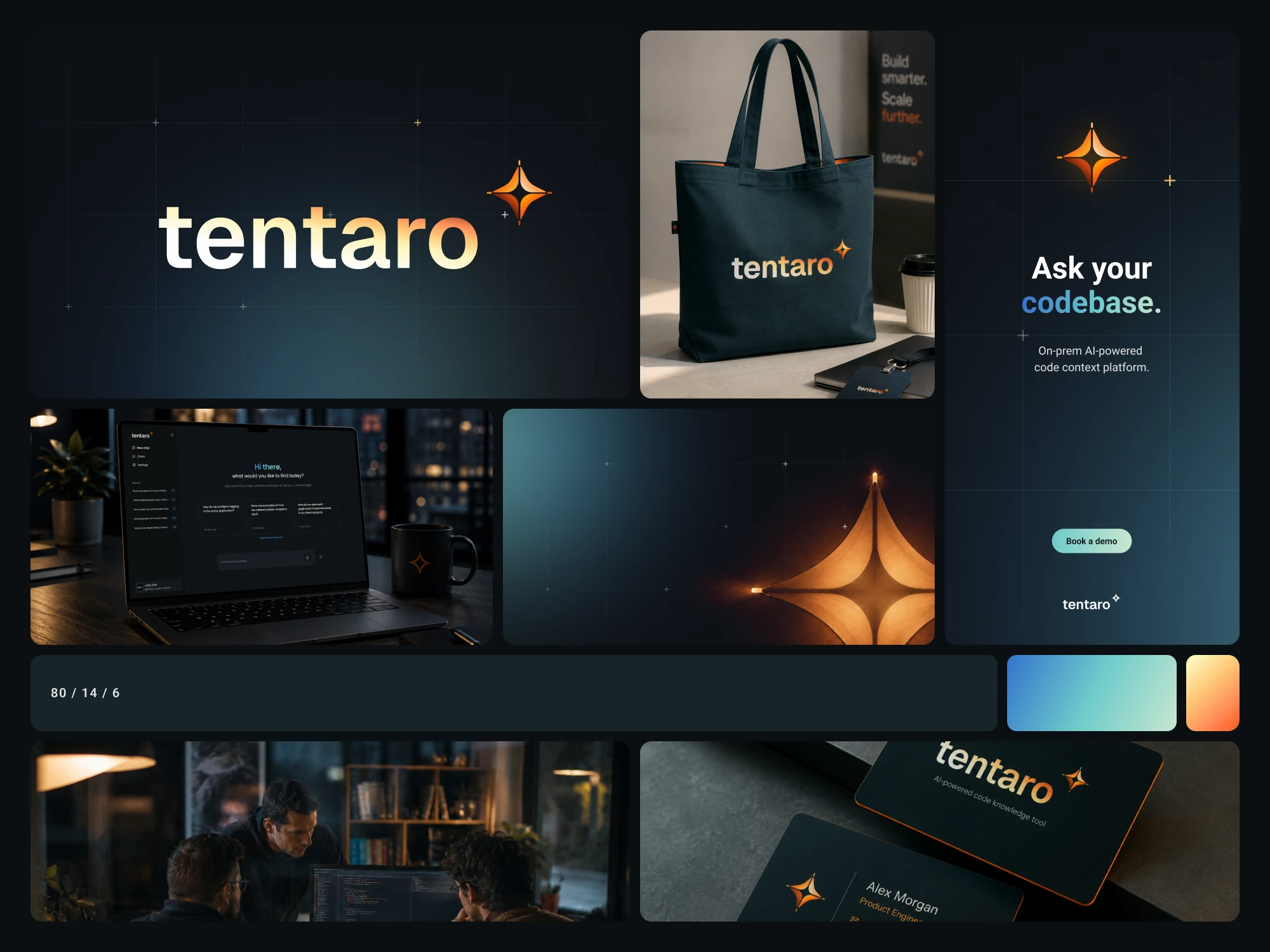 Tentaro brand identity: wordmark, branded tote, the product on a laptop at night and the 80/14/6 colour bar